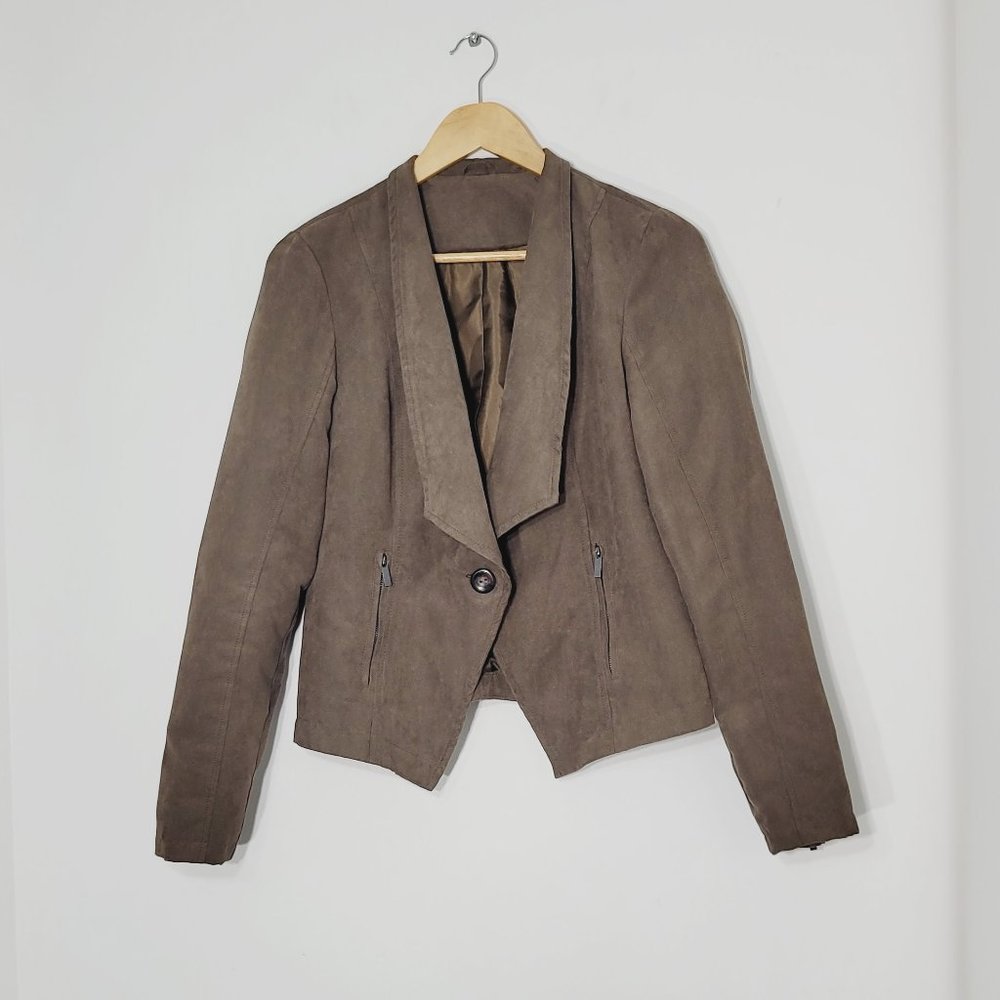 Faux Sued Blazer Jacket Single Button Tan Asymmetric Hem Womens Business Career